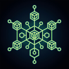Frozen Data Matrix. Green Neon Tech Structure with Geometric Snowflake Design. Glowing Green Blockchain Network