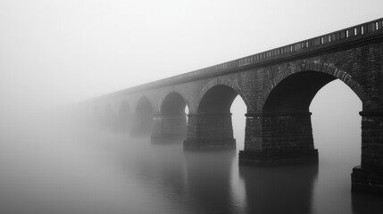 Foggy stone bridge over calm water, misty background, travel photography
