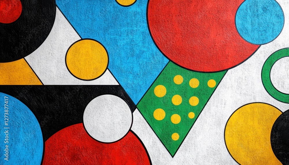 Poster abstract geometric pattern with circles, triangles, and squares in vibrant colors on a textured back