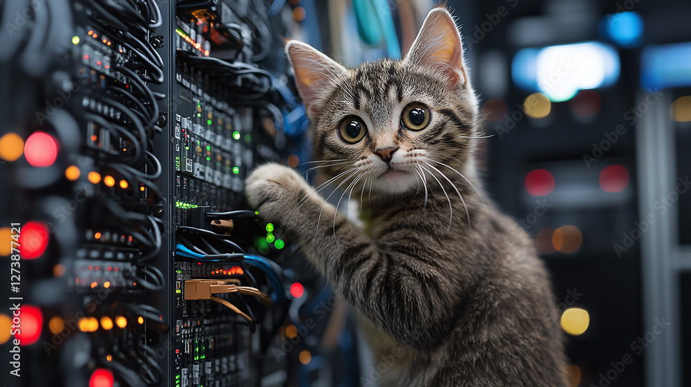 Poster kitten explores server room, playfully interacts with cables and blinking lights, adding a touch of 