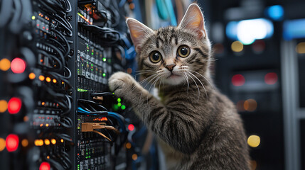 Kitten explores server room, playfully interacts with cables and blinking lights, adding a touch of feline chaos to the technological environment.
