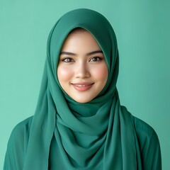 Naklejka premium A Young Muslim Woman Wearing a Green Hijab with Ramadan Night Setting.