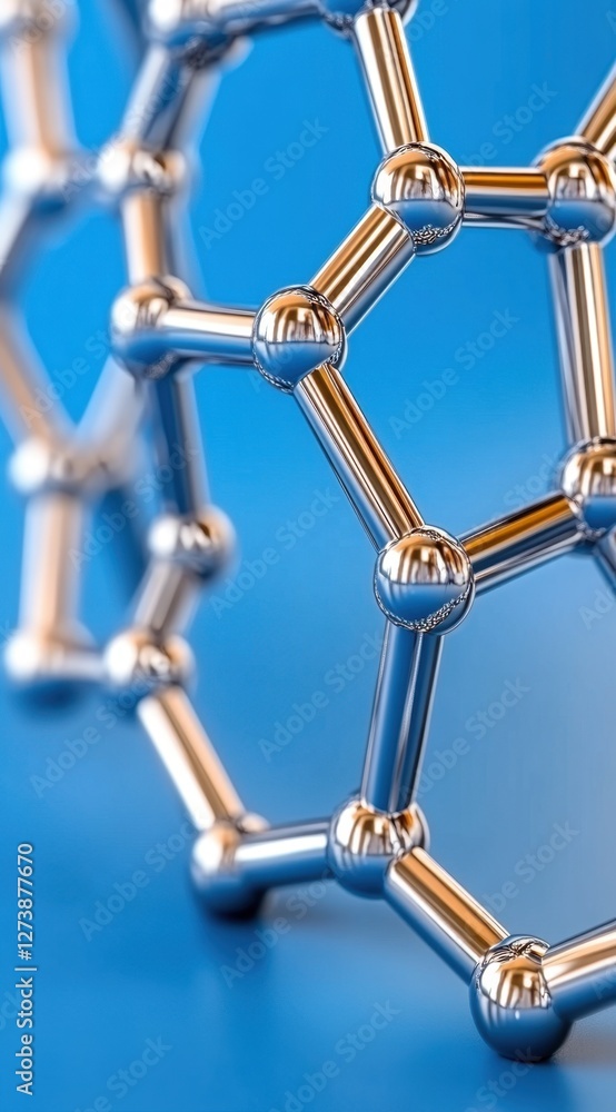 Poster abstract 3d rendering of a molecular structure against a blue background. shiny spheres and rods for