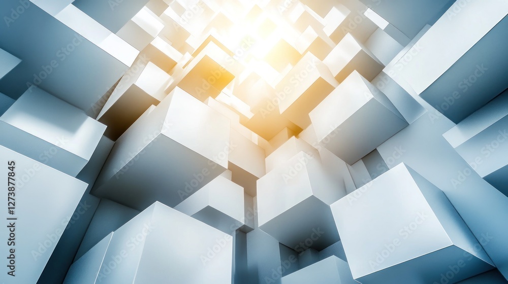 Poster abstract 3d cubes with light, creating a sense of depth and perspective.