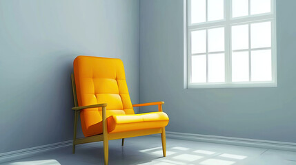 bright yellow armchair in minimalist room with large windows