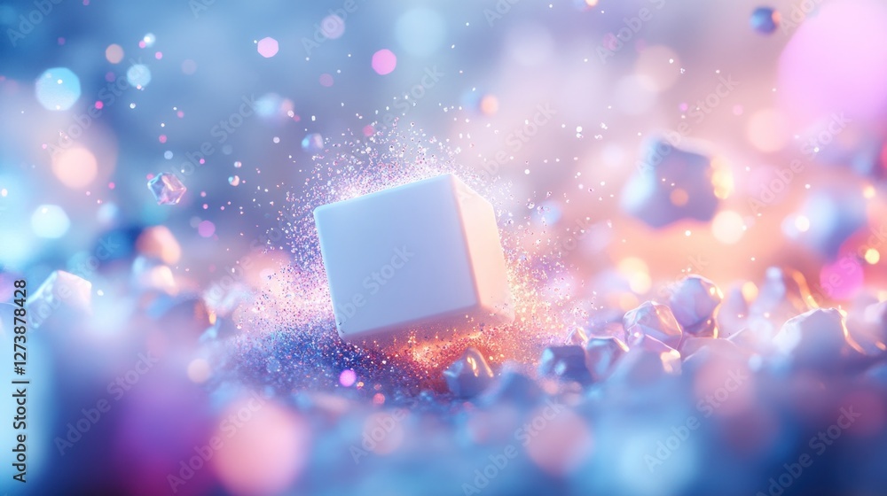 Poster a glowing cube surrounded by colorful particles and abstract shapes in a dreamy setting.