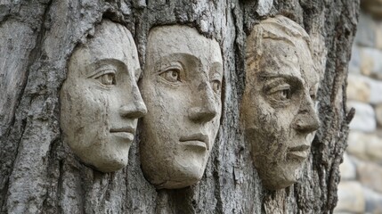 Fototapeta premium Three Faces Carved into Tree Trunk: A Symbolic Artwork