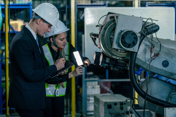 Engineers inspect robotic machinery in a manufacturing facility during a quality control assessment