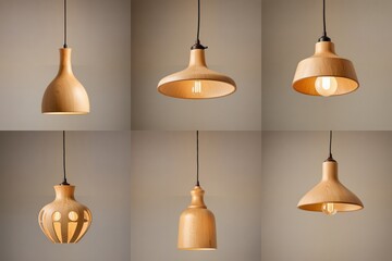 Obraz premium Six unique wooden pendant lamps with varying sizes and shapes hang from a grid against a beige wall, creating a harmonious and visually appealing display
