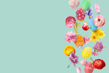Easter eggs and beautiful spring flowers flying on pastel turquoise background. Space for text