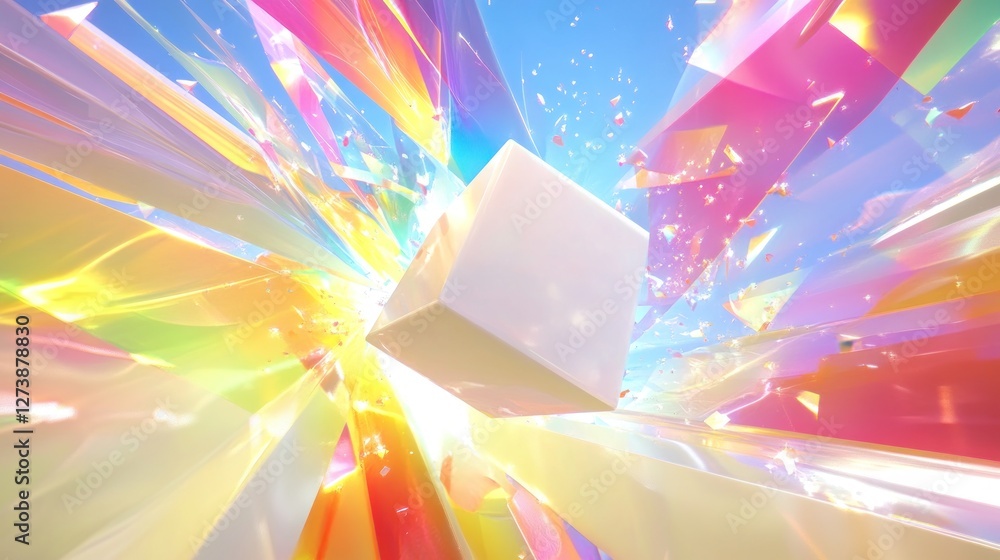 Poster a vibrant explosion of colors surrounding a central white cube, creating a dynamic visual effect.