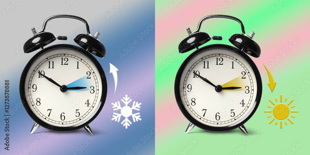 Poster Daylight saving time. Black alarm clocks on color background, collage. Highlighted areas and arrows showing time change by one hour forward and back