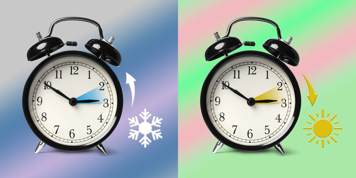 Daylight saving time. Black alarm clocks on color background, collage. Highlighted areas and arrows showing time change by one hour forward and back