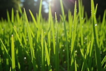 Obraz premium Close up of green grass dew drops sunlight dappled shadows