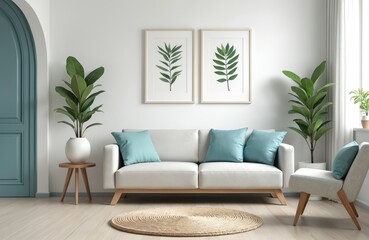 Bright modern living room interior with white walls, light wooden floor, grey sofa with blue pillows. Plants in pots, framed botanical prints above couch. Minimalist clean design in apartment. Round