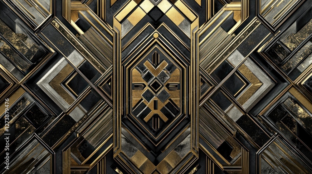 Poster a geometric abstract design featuring gold and black textures and patterns.