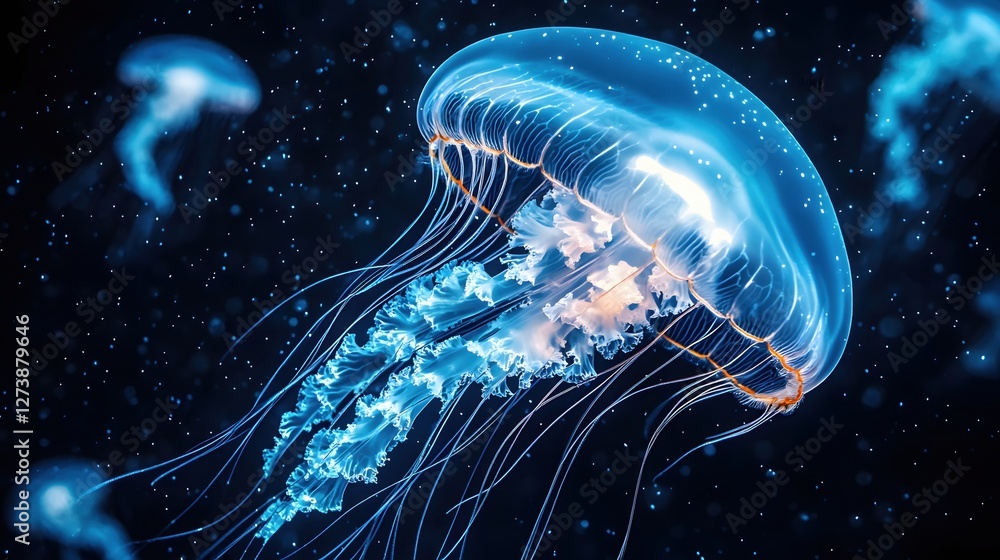Poster bioluminescent jellyfish floating in deep ocean waters with a mysterious and ethereal glow
