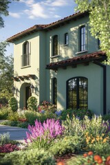 Charming green house with vibrant garden on a sunny day, showcasing colorful flowers and landscaping details in a serene neighborhood