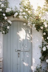 A delightful entrance graced with vibrant white roses stands out beautifully against a rustic wall, all set in a serene environment during the daytime