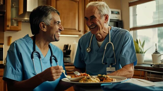 Two healthcare professionals share laughter and a meal, seated at a kitchen table, creating a warm and friendly atmosphere