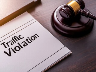 Legal Document on Traffic Violation with Gavel on Wooden Table