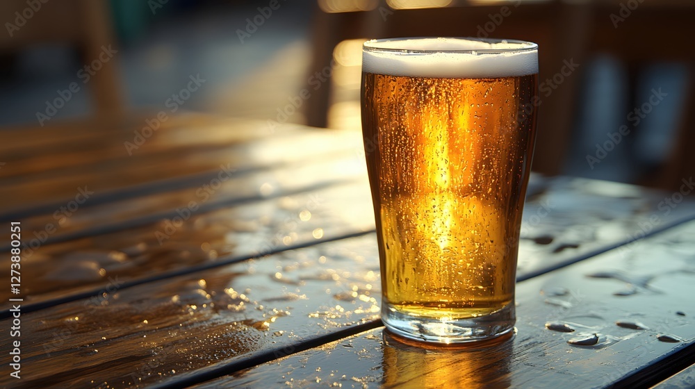 Poster refreshing golden beer with bubbles on a wooden table creating a warm and inviting atmosphere