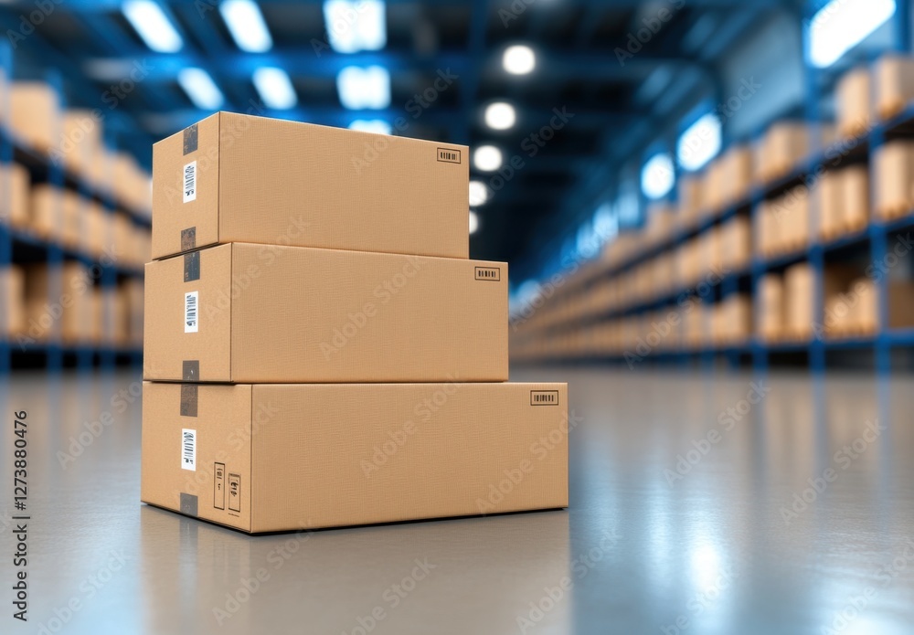 Poster stack of brown cardboard boxes in a warehouse setting. the boxes are neatly arranged on a grey floor