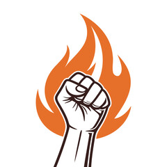 Clenched fist rises amid vibrant flames. Representing strength and passion. Vector illustration