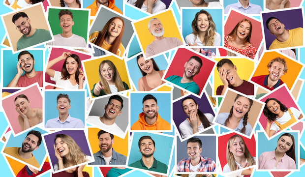 Different people laughing on colorful backgrounds, collage of photos