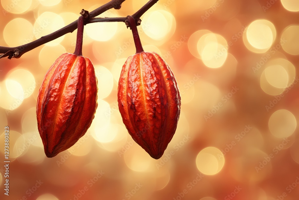 Poster two ripe cocoa pods hanging from a branch with a warm bokeh background in soft light