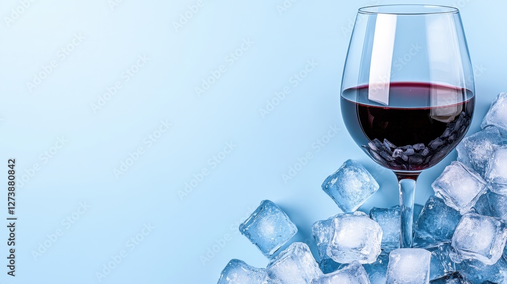 Poster close up view of a glass of red wine chilled with ice cubes on a light blue background. the image fe