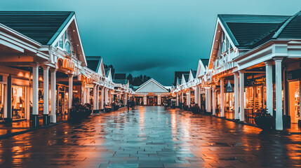 serene shopping plaza at dusk, featuring elegant architecture and glowing lights