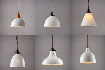 Obraz premium Six unique, circular pendant lights with varying shapes and sizes hang from black cords against a light gray wall, creating a harmonious and visually appealing arrangement