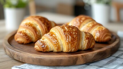 Golden Croissants on Wooden Tray Aromatic Pastries for Breakfast or Brunch Delightful Treat
