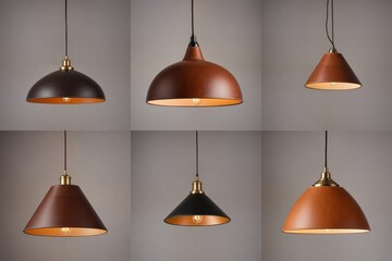 Obraz premium Six unique pendant lamps with varying shades and shapes, hanging from black and gold chains against a white background, create a harmonious and visually appealing display