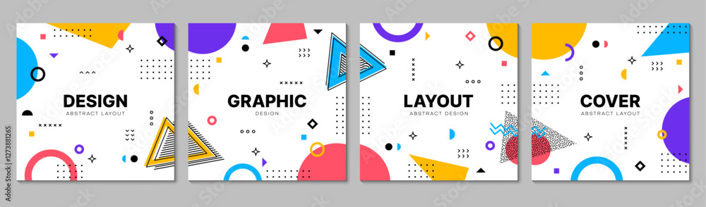 Aufkleber Square banners with abstract Memphis geometric pattern, vector backgrounds. Modern Memphis banner layouts with geometric colors and abstract shape elements or minimal elements in Memphis pattern