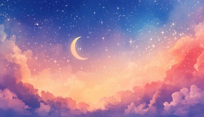 Fototapeta premium Pastel Night Sky with Crescent Moon and Sparkling Stars