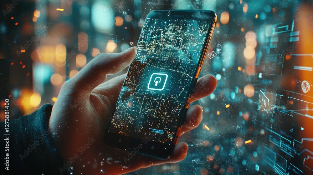 Poster futuristic smartphone interface, a hand holds a device displaying a cyberpunk-style app icon against