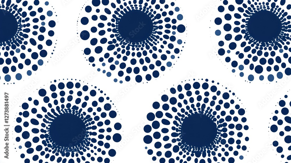 Poster a repeating pattern of circular designs with varying dot sizes in navy blue on a white background.