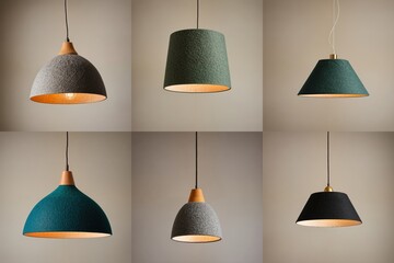 Six unique pendant lamps with varying shades of green and gray, suspended from gold strings, create a harmonious and visually appealing display against a beige wall