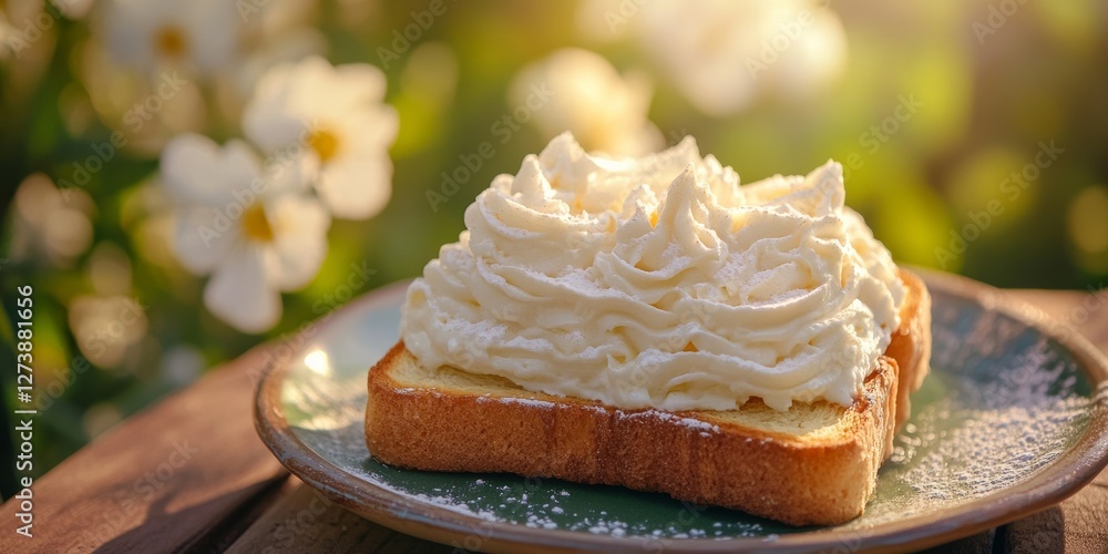 Poster smooth buttered toast with delicate whipped topping and flowers
