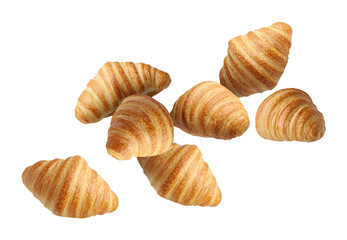 Delicious croissants in air on white background. Puff pastry