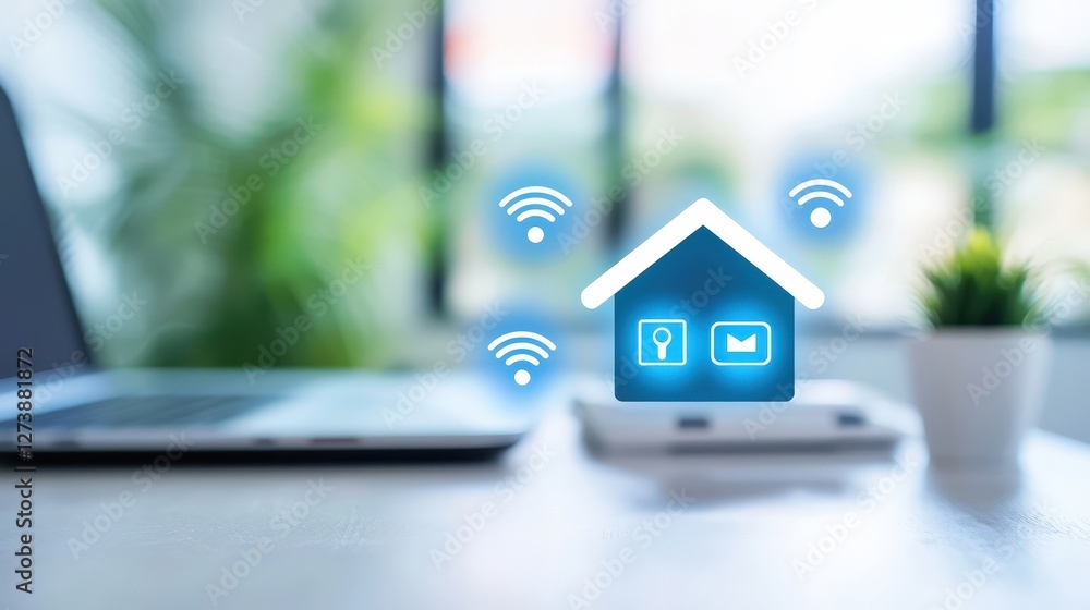 Poster a digital representation of a smart home hub with connectivity icons in a modern workspace, emphasiz