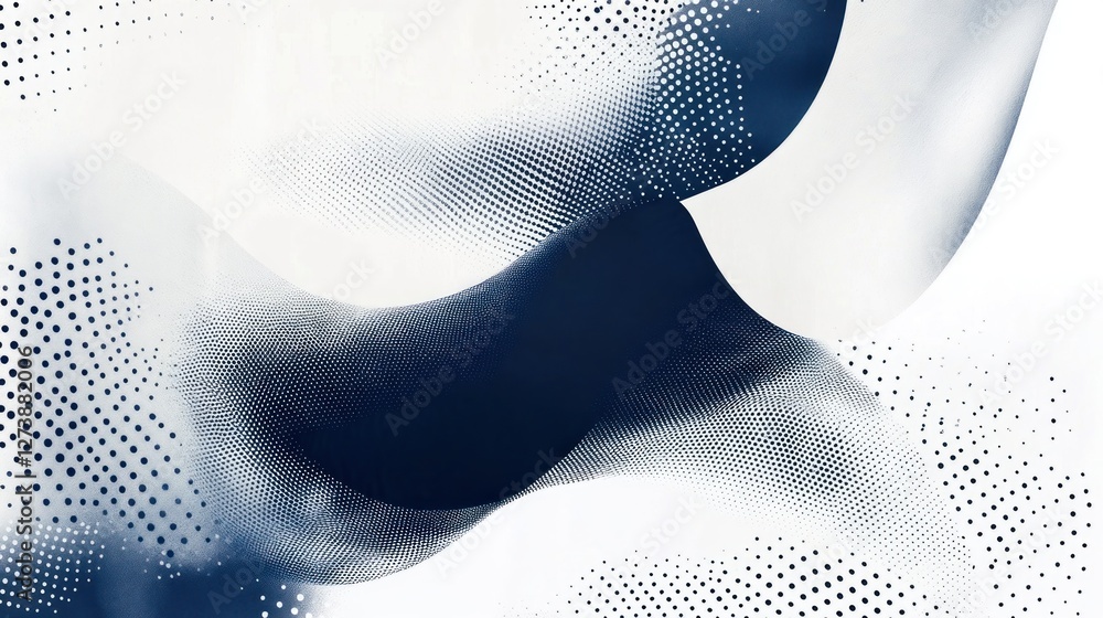 Poster abstract design featuring fluid shapes and dotted patterns in blue and white tones.