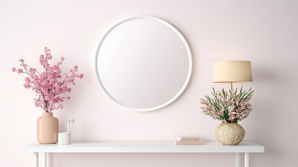 Stylish interior decor with round mirror and floral arrangements modern living room minimalist design bright ambiance