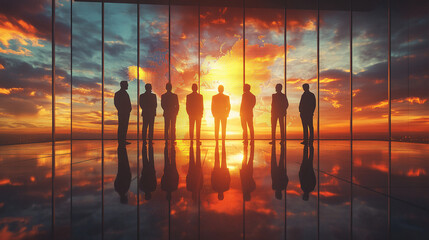 Silhouetted business leaders contemplating global strategy against a fiery sunset backdrop