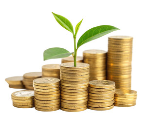Pile of coins with a growing plant on top symbolizing financial growth isolated on transparent background