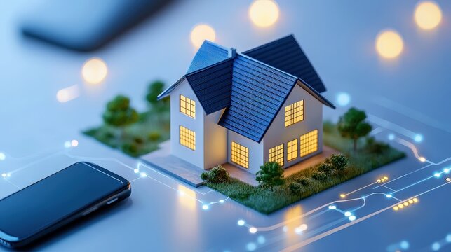 A miniature house model surrounded by digital elements, representing modern home technology and connectivity.