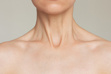 Close-up portrait of a young pretty Caucasian slender woman with a beautiful honed smooth neck and clavicle. The posing model © Ольга Шефер