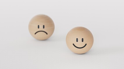 Close up customer choose smiley face and blurred sad face icon on wood BALL, Service rating, satisfaction concept.3D rendering on white background.